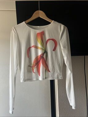 White Floral Long-Sleeve Top with Red Lily Print